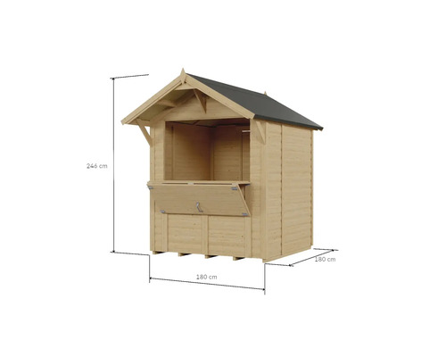 Dřevěný prodejní stánek s výškou 246 cm a šířkou 180 cm.