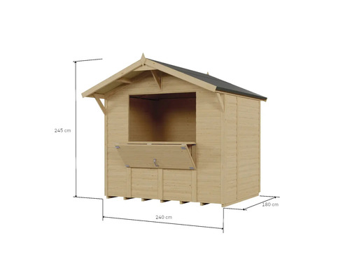 Dřevěný zahradní domek o rozměrech 245 cm výška, 240 cm šířka a 180 cm hloubka.