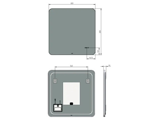 Technický nákres zrcadla o rozměrech 800 x 800 mm.