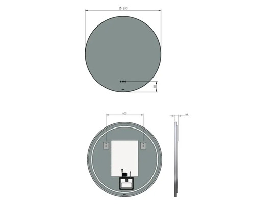 Technický nákres kulatého zrcadla o rozměrech 800 mm v průměru a 44 mm hloubky