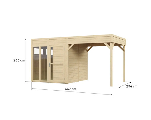 Zahradní domek s markýzou o rozměrech 447 cm délka, 233 cm výška a 234 cm hloubka
