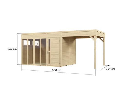 Obrázek zahradního domku o celkové šířce 558 centimetrů, výšce 232 centimetrů a hloubce 234 centimetrů.