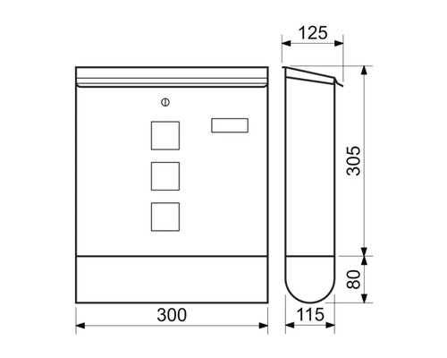 Technický výkres poštovní schránky s rozměry
