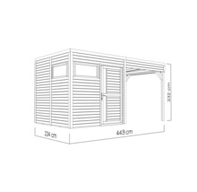 Nákres zahradního domku s přístřeškem a rozměry