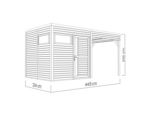 Nákres zahradního domku s přístřeškem a rozměry