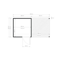 Půdorys zahradního domku s terasou a rozměry v centimetrech