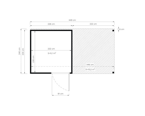 Půdorys zahradního domku s terasou a rozměry v centimetrech
