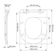 Technický nákres WC sedátka s rozměry