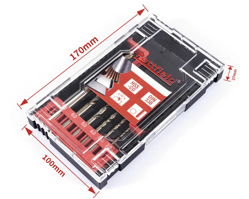 Sada vrtáků s různými vrtáky v průhledné plastové krabičce značky Rattfield