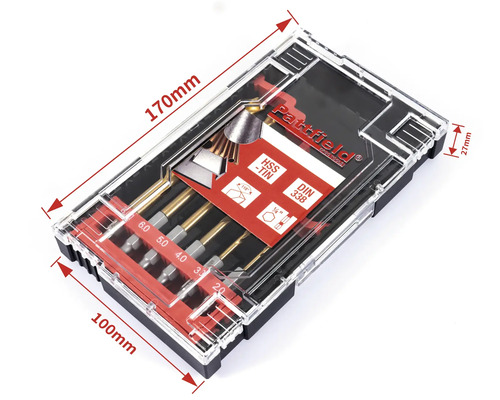 Sada vrtáků v průhledné plastové krabičce s údaji o velikosti