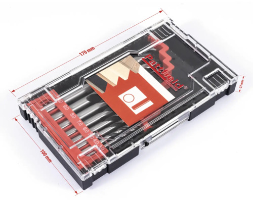 Sada vrtáků do dřeva Pattfield různých velikostí v plastovém boxu