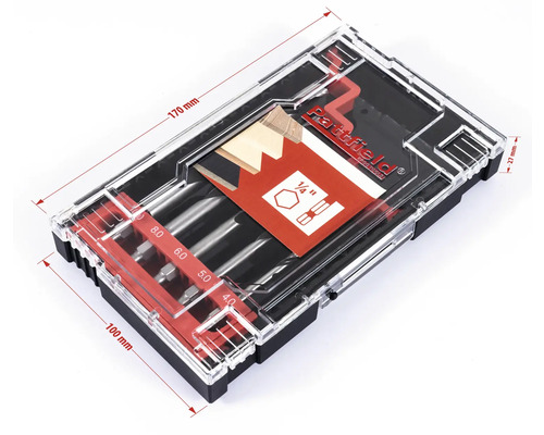 Sada šestihranných bitů Parttfield o rozměrech 170 mm x 100 mm x 27 mm