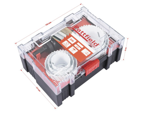 Sada děrovek v úložném boxu o rozměrech 190 mm x 141 mm x 85 mm