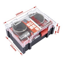 Sada děrovek Partfield v průhledné krabičce s uvedením rozměrů