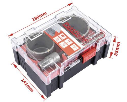 Sada děrovek Partfield v průhledné krabičce s uvedením rozměrů