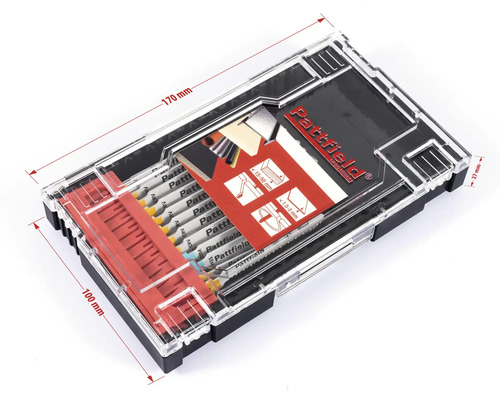 Sada pilových listů Pattfield v průhledné krabičce o rozměrech 170 mm x 100 mm x 27 mm