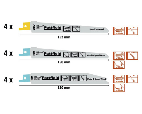 Sada pilových listů Pattfield pro dřevo a kov, různé velikosti, 12 kusů