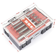 Sada vrtáků v průhledné plastové krabičce o rozměrech 170 mm x 70 mm x 35 mm.