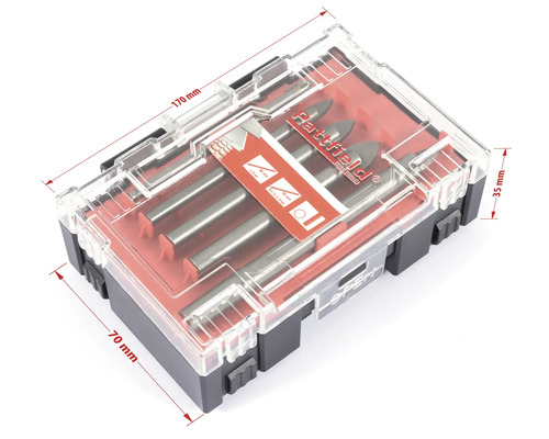 Sada vrtáků v průhledné plastové krabičce o rozměrech 170 mm x 70 mm x 35 mm.