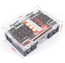 Sada bitů Pattfield s různými bity šroubováků v průhledném plastovém pouzdře s uvedením velikostí