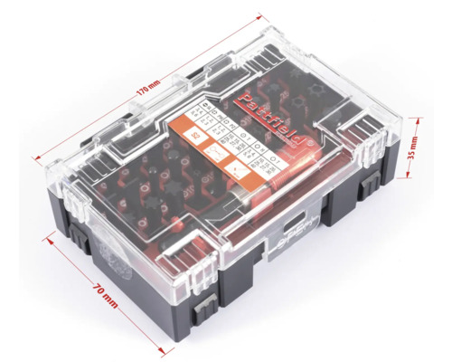 Sada bitů Pattfield s různými bity šroubováků v průhledném plastovém pouzdře s uvedením velikostí