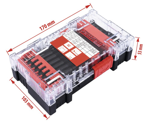 Sada bitů Partfield v průhledné plastové krabičce s údaji o velikosti