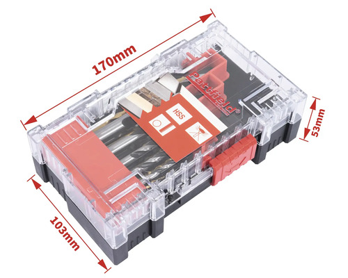 Sada vrtáků v průhledné krabičce s uvedením velikostí