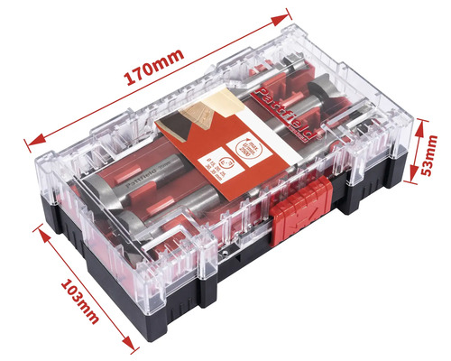 Sada Forstnerových vrtáků Pattfield s různými velikostmi v průhledné krabičce s rozměry