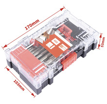 Sada závitořezných nástrojů a kruhových závitníků Partfield v průhledném plastovém pouzdře o rozměrech 170 mm x 103 mm x 53 mm.