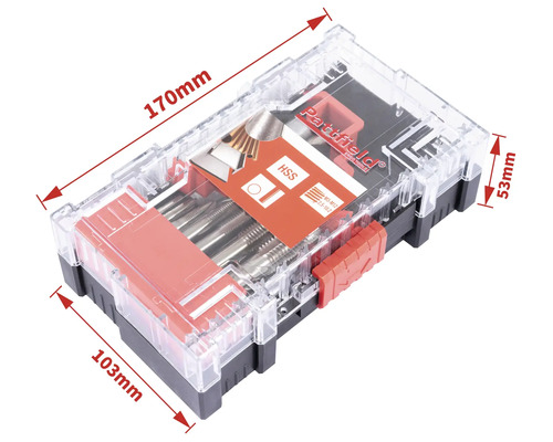 Sada závitořezných nástrojů a kruhových závitníků Partfield v průhledném plastovém pouzdře o rozměrech 170 mm x 103 mm x 53 mm.