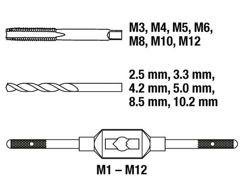 Závitník M3, M4, M5, M6, M8, M10, M12 s vrtáky 2,5 mm, 3,3 mm, 4,2 mm, 5,0 mm, 8,5 mm, 10,2 mm a vratidlo na závitníky M1 až M12