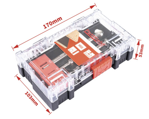 Sada vrtáků Pattfield v průhledné plastové krabičce s uvedením velikostí
