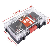 Sada nástrojů Patfield v průhledné plastové krabičce o rozměrech 170 x 103 x 53 milimetrů.