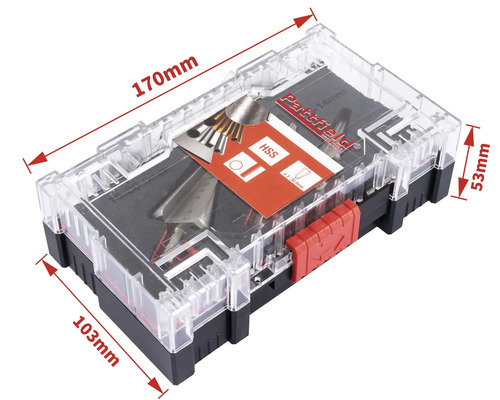 Sada nástrojů Patfield v průhledné plastové krabičce o rozměrech 170 x 103 x 53 milimetrů.