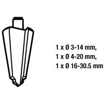 Stupňovitý vrták velikosti 3 až 14 milimetrů, 4 až 20 milimetrů a 16 až 30,5 milimetrů