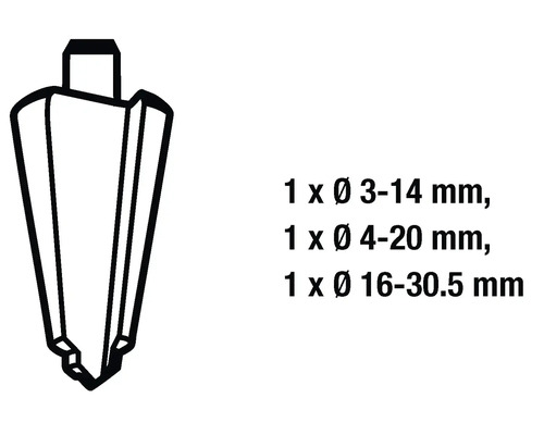 Stupňovitý vrták velikosti 3 až 14 milimetrů, 4 až 20 milimetrů a 16 až 30,5 milimetrů