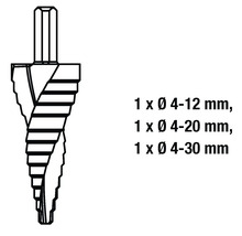 Sada stupňovitých vrtáků s průměry 4-12 mm, 4-20 mm a 4-30 mm