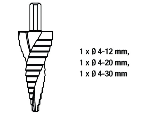 Sada stupňovitých vrtáků s průměry 4-12 mm, 4-20 mm a 4-30 mm
