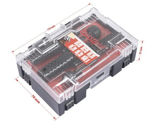 Sada nástrojů Pattfield v průhledné krabičce s údaji o velikosti