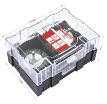 Sada drátěných kartáčů Pattfield s různými nástavci kartáčů v průhledném obalu s rozměry