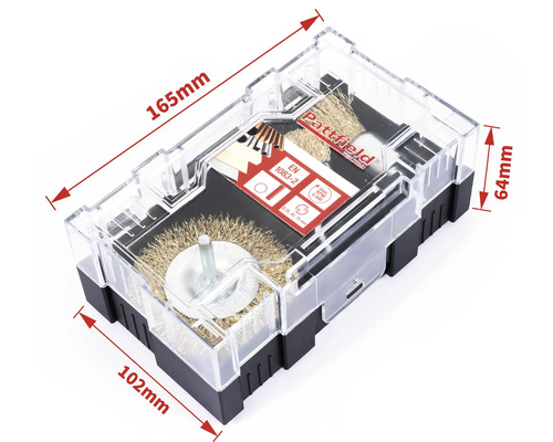 Sada drátěných kartáčů Pattfield v průhledném plastovém kufříku s rozměry.