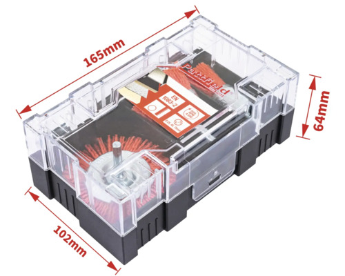 Sada drátěných kartáčů Pattfield Ergo Tools v průhledné plastové krabičce, rozměry 165 x 102 x 64 milimetrů