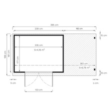 Podrobný rozměrový nákres zahradního domku s terasou a rozměry v centimetrech