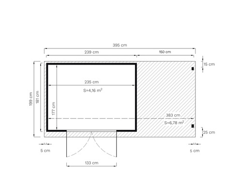 Podrobný rozměrový nákres zahradního domku s terasou a rozměry v centimetrech