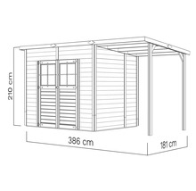 Ilustrace dřevěného zahradního domku o výšce 210 cm, šířce 386 cm a hloubce 181 cm.