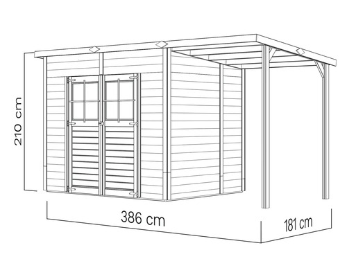 Ilustrace dřevěného zahradního domku o výšce 210 cm, šířce 386 cm a hloubce 181 cm.