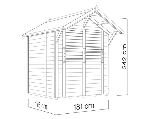 Nákres zahradního domku o rozměrech 175 cm x 181 cm x 242 cm.