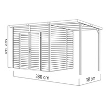 Obrázek zahradního domku o rozměrech 386 cm délka, 211 cm výška a 181 cm šířka