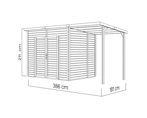 Obrázek zahradního domku o rozměrech 386 cm délka, 211 cm výška a 181 cm šířka
