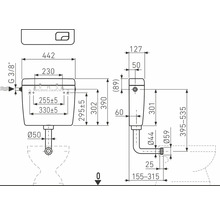 Technický výkres splachovací nádrže s rozměry